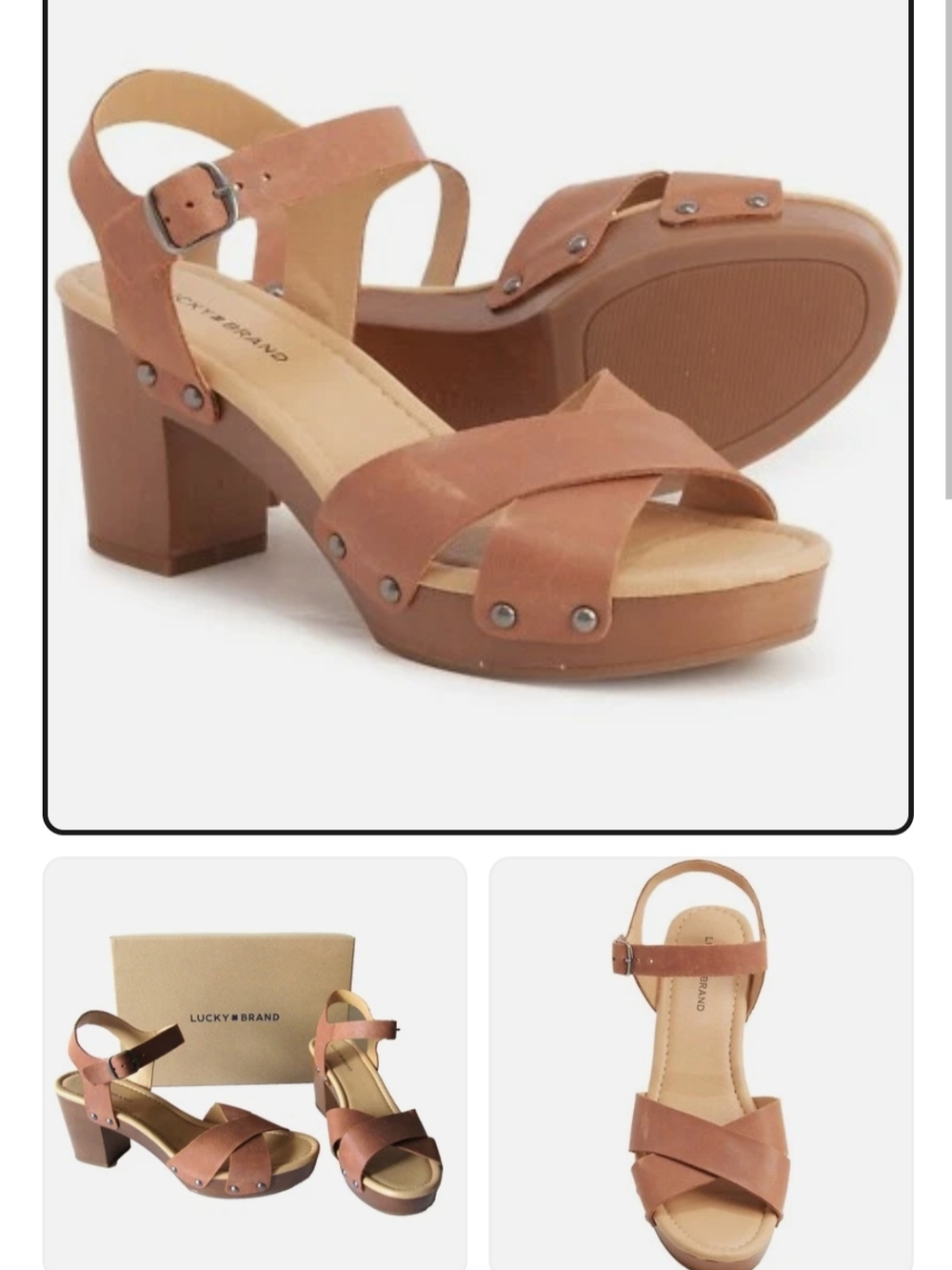 Lucky Brand Brown Tan Leather Cross-Strap Block Heel Sandals